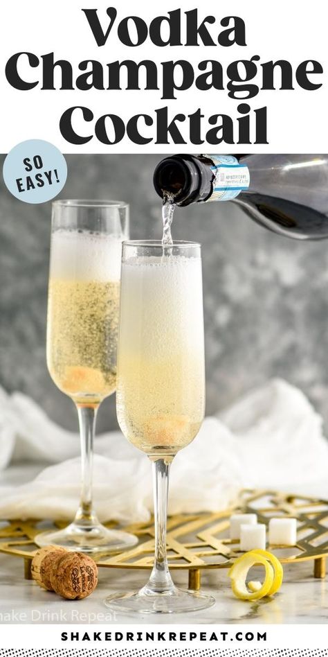 Vodka Champagne Cocktail, Champagne Cocktails Easy, Champagne Mixed Drinks, Champaign Cocktails, Champagne Recipe, Whipped Vodka, Champagne Recipes Cocktails, Champagne Drinks, Cocktail Bitters