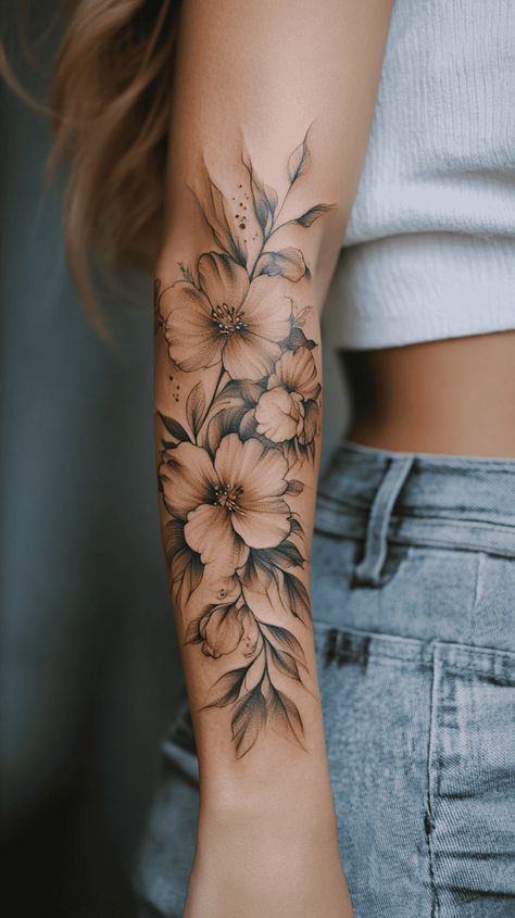 These 18 Feminine Arm Tattoos Will Inspire Your Next Ink Adventure 36 Lotus Arm Tattoo Sleeve, Daisy Flower Tattoos Sleeve, Arm Elbow Tattoos For Women, Roses And Wildflowers Tattoo, Tasteful Sleeve Tattoos For Women, Floral Vine Arm Tattoos For Women, Floral Shoulder And Arm Tattoo, Elegant Tattoos Sleeve, Tattoo Ideas Female Sleeve Christian