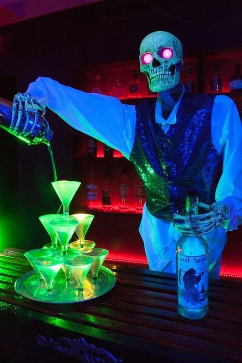 Halloween Decorations For A Bar, Halloween Ballroom Decor, Skeleton Halloween Decorations Indoor, Horror Themed Restaurant, Bar Halloween Decorations, Halloween Tiki Bar, Haunted Hotel Decor, Halloween Night Club Decor, Halloween Pop Up Bar