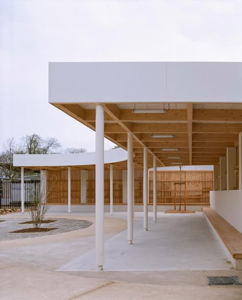 Bertrand Taquet Architects, Antoine Séguin · COURTYARD 03 · Divisare Architecture Courtyard, Wood Facade, Covered Walkway, Timber Roof, Wood Architecture, Architecture Design Drawing, Brick And Wood, Architecture Model Making, Architecture Concept Drawings