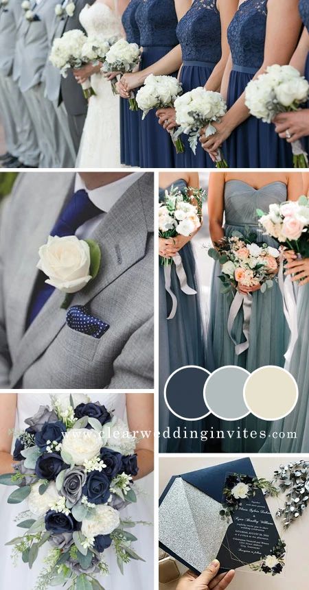 July 2023 Wedding Colors, Stormy Wedding Theme, Navy Blue Wedding Palette Color Pallets, Navy And Gray Fall Wedding, Blue And Silver Fall Wedding, Sapphire Wedding Color Palette, Dark Blue And Grey Wedding, Navy Blue And Gray Wedding Theme Color Palettes, Navy And Grey Wedding Colors