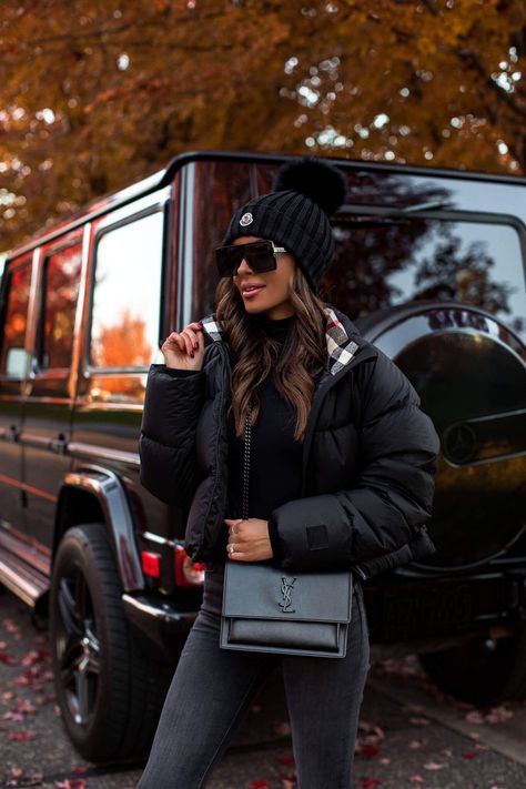 fashion blogger wearing a burberry puffer jacket and a moncler beanie for a casual winter outfit. for more ways to wear the quilted jacket trend, head to the mia mia mine fashion blog. #instagramootd #style #fall Beanie Winter Outfit Street Style, Moncler Hat Women Outfit, Moncler Hat Outfit, Moncler Beanie Outfit, How To Style A Puffer Jacket, Winter Outfits With Hats, Fall Beanie Outfit, Burberry Jacket Outfit, Moncler Jacket Women Outfit