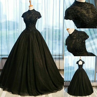 (eBay) Black High Neck Wedding Dresses Gothic Beaded Lace Appliques Elegant Bridal Gown Black Wedding Dress Gothic, Bridal Gowns Vintage, Tulle Party Dress, High Neck Wedding Dress, Gothic Wedding Dress, Black Prom Dress, Black Prom, Gothic Wedding, Black Wedding Dresses