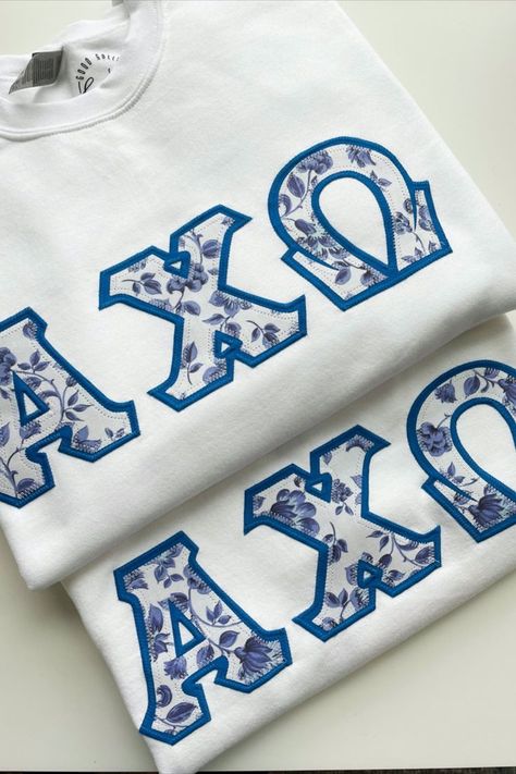 Sorority Stitched Letters, Chi Omega Letters, Alpha Chi Omega Shirts, Sorority Shirts Letters, Big/little Baskets, Sorority Family, Greek Letter Shirts, Stitched Letters, Stitch Letters