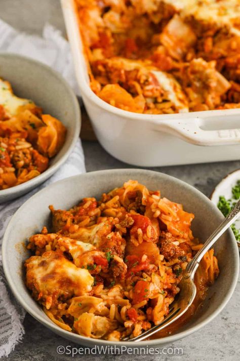 Cabbage Roll Casserole is such an easy & flavorful option for dinner! Ground pork, tomato, cabbage, & spices are baked together and topped with cheese for this delicious & hearty dish! Did we mention leftovers? This Cabbage Roll Casserole tastes even better the next day! #cabbagerollcasserole #cabbagerolls #lazycabbagerolls #spendwithpennies Leftover Cabbage, Lazy Cabbage Rolls, Chicken Cabbage, Braised Chicken Breast, Unstuffed Cabbage Rolls, Cabbage Roll Casserole, Crock Pot Cabbage, Healthy Winter Meals, Unstuffed Cabbage