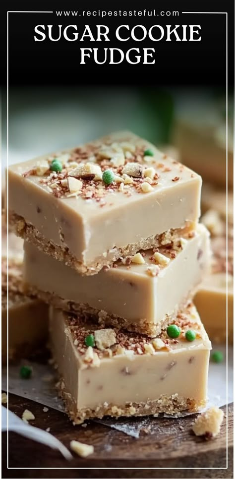 This Sugar Cookie Fudge is the perfect holiday treat! It’s a creamy, sweet confection made with white chocolate, sweetened condensed milk, and sugar cookie mix, topped with festive red and green sprinkles. The ideal gift or dessert for family and friends. #SugarCookieFudge #HolidayTreats #FestiveDesserts #FudgeRecipe #ChristmasDesserts #GiftGiving #SweetTreats Fudge Recipes With Frosting, White Chocolate Sugar Cookie Fudge, Unique Fudge Recipes, Easy New Years Eve Desserts, Cinnamon Fudge Recipe, Mexican Fudge, Chocolate Sweetened Condensed Milk, Sweetened Condensed Milk Desserts, Sugar Cookie Fudge