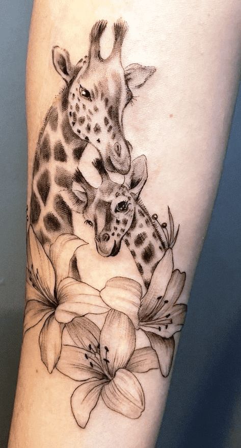 Realistic Giraffe Tattoo, Jungle Animals Tattoo, Giraffe Tattoo With Flowers, Giraffe Tattoos For Women, Baby Giraffe Tattoo, Rhino Tattoos, Giraffe Tattoo Design, Giraffe Tattoo Ideas, Small Giraffe Tattoo