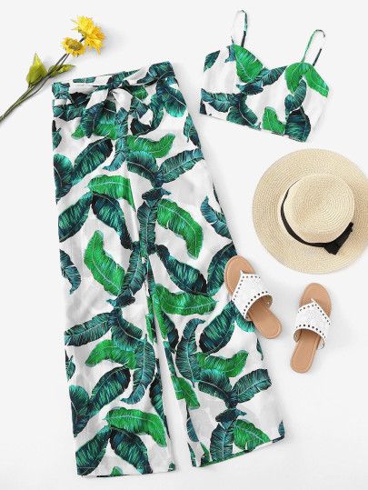 Jungle Leaf Print Cami Top and Wide Leg Pants Set -SheIn(Sheinside) Hawai Party Outfit, Hawai Party, Tropical Outfits, Top And Wide Leg Pants, Tropical Fashion, Summer Outfits For Teens, Aesthetic Outfit Ideas, Frocks For Girls, Girls Fashion Clothes