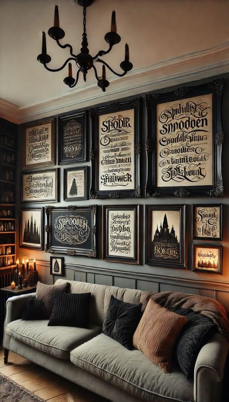 Harry Potter Living Room Decor, Goth Living Room Ideas, Horror Room Ideas, Horror Living Room, Harry Potter Living Room, Gothic Living Room Ideas, Spooky Living Room, Fall Houses, Halloween Interior Decorations