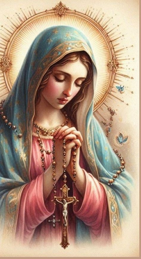 Our Lady Of The Rosary Image, Beautiful Mother Mary, Catholic Vision Board, Mother Mary With Rosary, Blessed Virgin Mary Beautiful, Mother Mary Aesthetic, Catholic Art Paintings, Mary With Rosary, Rosary Images