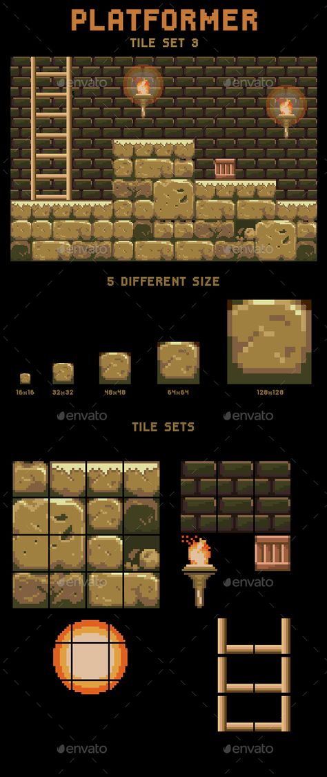 Tile Sets Pixel Art, Pixel Art Platformer Tiles, Pixel Art Tileset Platformer, Tile Map Pixel Art, 2d Platformer Tileset, Pixel Art Level Design, Game World Design, Pixel Game Assets, Egypt Pixel Art