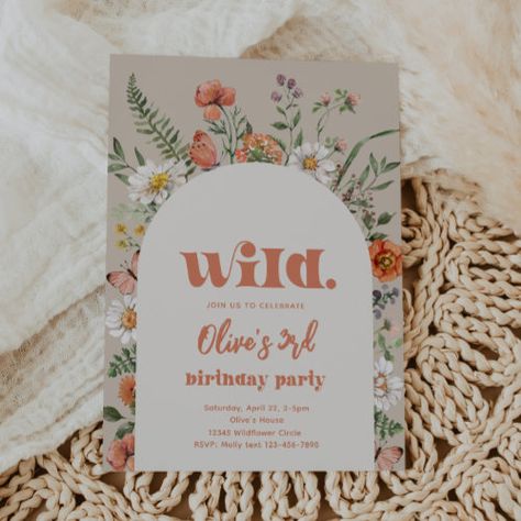 $2.98 | Wildflower Birthday Invitation | Wildflower First - wildflower invitation, wild one wildflower invitation, wildflower birthday invitation, wild one invitations, girl wild one flower, flower birthday invitation, poppy birthday invitation, daisy birthday invitation, boho birthday invitation, unique birthday invitations Wildflower Third Birthday, Two Wild Flower Birthday Party Girl, Wild Flower Party, Wildflower Invitations, Third Birthday Ideas, Wildflower Birthday Party, Young Wild And Three Birthday, Three Birthday, Third Birthday Girl