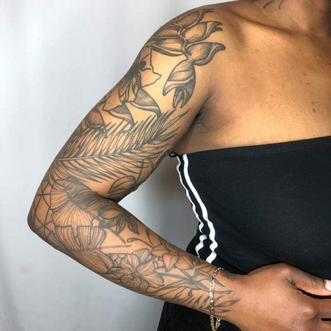 Pretty Tattoos Black Women Arm, Tattoos Black Women Arm, Pretty Tattoos Black Women, Nature Sleeve Tattoo, Jamaican Tattoos, Tattoos Black Women, Nature Sleeve, Black People Tattoos, Different Styles Of Tattoos