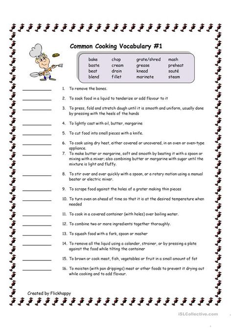 Common Cooking Vocabulary #1 - English ESL Worksheets for distance learning and physical classrooms Cooking Lesson Plans, Economics For Kids, Cooking Terms, Culinary Lessons, Project Room, Basic Cooking, Culinary Classes, Teaching Life Skills, Kitchen Safety