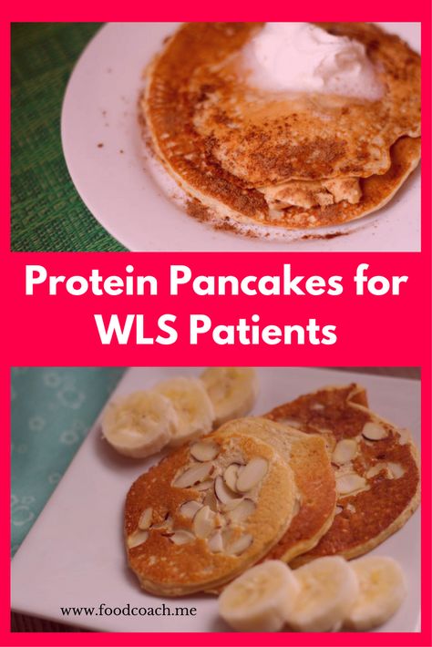 WLS Friendly recipes for protein pancakes. Great after Gastric Sleeve or Gastric Bypass! No flour, super easy, very tasty! www.foodcoach.me Bariatric Hacks, Gastric Recipes, Bariatric Support, Vsg Meals, High Protein Bariatric Recipes, Gastric Surgery, Bariatric Recipes Sleeve, Pumpkin Protein Pancakes, Vsg Recipes