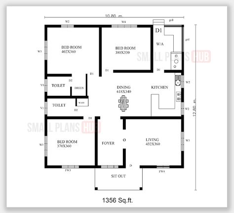 1356 sq.ft. 3 BHK Single floor Plan Single Floor Plan, House Plan And Elevation, 3 Bhk House Plan, Low Cost House Plans, One Level House Plans, Plan And Elevation, 4 Bedroom House Designs, Three Bedroom House Plan, Bungalow Floor Plans