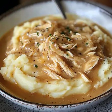 Chicken Gravy Seasoning, Shredded Chicken Mashed Potatoes And Gravy, Smothered Chicken And Mashed Potatoes, Creamy Chicken Gravy Over Mashed Potatoes, Shredded Chicken Over Mashed Potatoes, Mashed Potato Meal Prep, Shredded Chicken Gravy Mashed Potatoes, Creamy Chicken And Mashed Potatoes, Turkey Gravy Over Mashed Potatoes