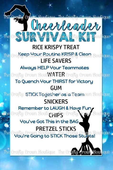 All Star Cheer Fundraiser Ideas, Cheer Survival Kit Ideas, Cheerleader Survival Kit, Cheer Survival Kit, Survival Kit Ideas, Cheer Competition Gifts, Cheerleading Quotes, Cheer Team Gifts, Cheer Competition