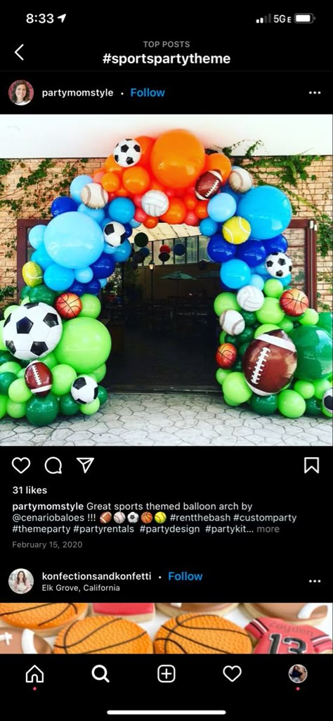 Balls Theme Birthday Party, Sports Balloons Arch, Sports Birthday Party Balloon Arch, Sports Theme Bday Party, Sports Party Balloon Garland, Sports Party Balloons, All Sport Theme Birthday Party, Sport Balloon Arch, Three Agent Sports Birthday