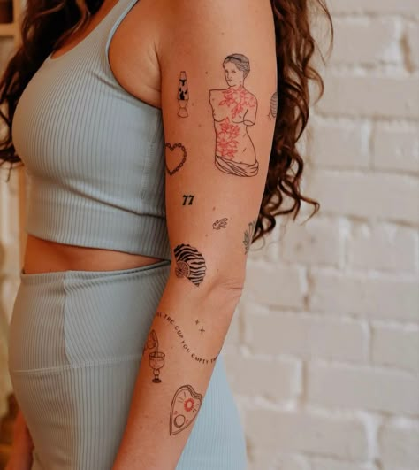 Tiny Tattoos Sleeve, Sleeve Sticker Tattoos, Sticker Sleeve Tattoo Aesthetic, Minimal Arm Sleeve Tattoo, Minimal Tattoo Sleeve Woman, Tattoo Sleeve Sticker Style, Sticker Sleeve Women, Sticker Sleeves Women, Sticker Sleeve Inspiration