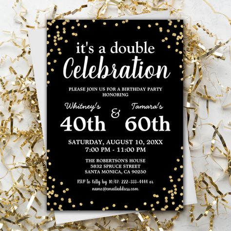 Adult Joint Birthday Party | Black Gold Glitter Invitation - birthday invitation Multiple Celebration Invitation, 70th Invitation Ideas, Birthday Invitations 40th, Combined 30th And 60th Birthday, Coed Birthday Party Themes, Couples Birthday Party Ideas, Double Birthday Invitations, Dual Birthday Party Themes, Double Birthday Party Ideas