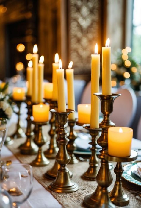 I love using antique brass candle holders for vintage eclectic wedding decor. These elegant pieces add a warm, romantic glow to any table setting. I often place them in clusters of varying heights for visual interest. Eclectic Vintage Wedding, Vintage Candle Holders Wedding, Gold Candlesticks Wedding, Brass Wedding Decor, Acotar Wedding, Beewax Candle, Wedding Brass Candlesticks, Candlestick Wedding Decor, Vintage Eclectic Wedding