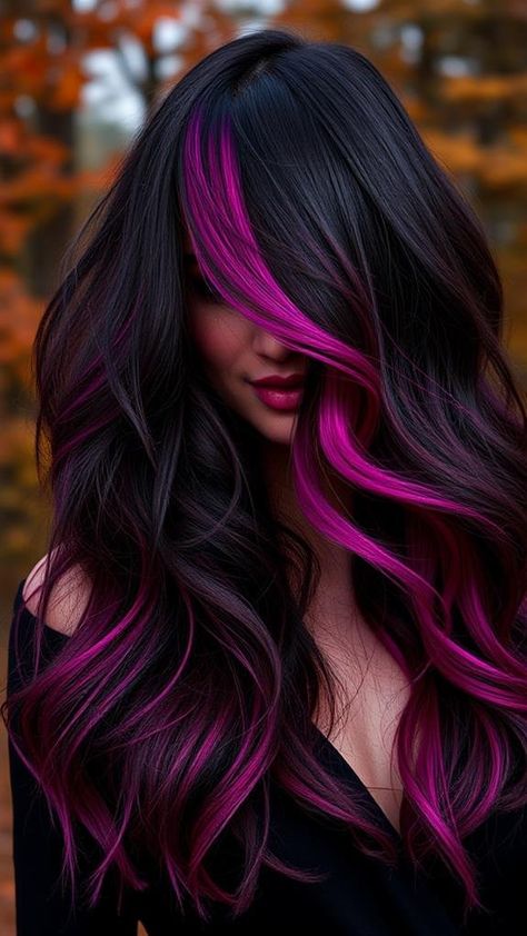 10 Bold Halloween Hair Color Trends to Love Dark Hair Vivid Colors, Cool Color Hair Ideas, Winter Vivid Hair Color, Hair Color Ideas For Long Hair, Dark Hair With Color, Vivid Red Hair Color, Spooky Hair Color, Oil Spill Hair, Fall Vivid Hair Color