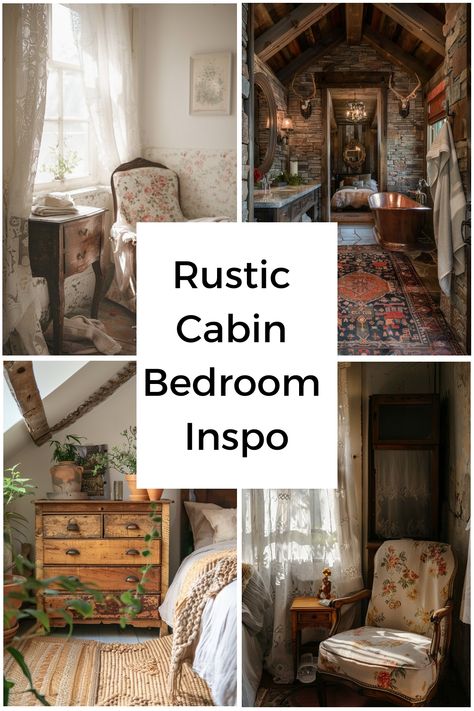 Get the rustic cabin aesthetic in your bedroom with these tips and decor ideas. Log Cabin Bedrooms Master Suite, Cabin Guest Bedroom, Cabin Style Bedroom, Rustic Cottage Bedroom, Log Cabin Bedrooms, Rustic Cabin Bedroom, Cabin Bedrooms, Floral Armchair, Light Blue Pillows