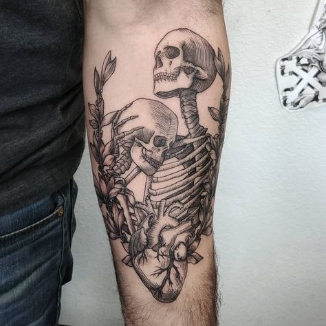 Hugging Skeleton Tattoo, Embracing Skeletons Tattoo, Complimentary Couple Tattoos, Two Skeletons Tattoo, Matching Sleeve Tattoos, Two Skeletons In Love Tattoo, I Love You Skeleton Hand Tattoo, Skeleton Couple Tattoo Romantic, Skeletons Kissing Tattoo