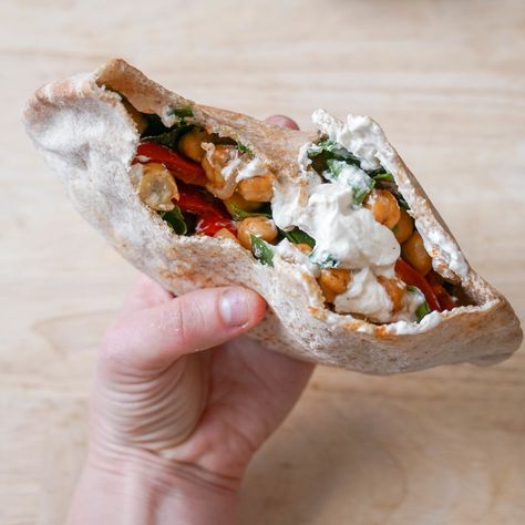 Chickpea Pita Pocket, Tofu Pita Pocket, Chickpea Pita, Pocket Recipes, Pita Wraps, Pita Pocket Recipes, Chickpea Spinach, Pita Wrap, Pita Pockets