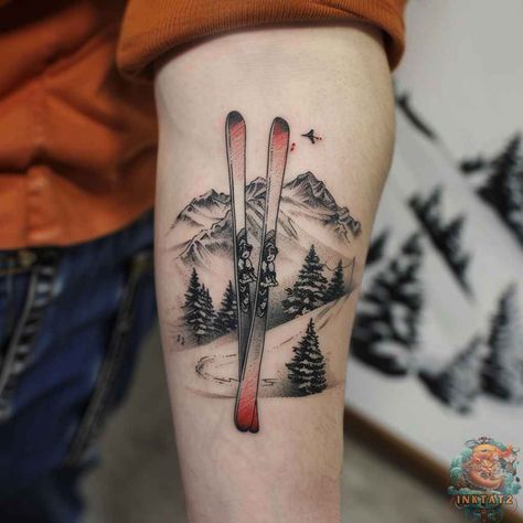 This creative ski tattoo pairs a breathtaking mountain range with vibrant skis, symbolizing adventure and thrill. A must-see for anyone who loves the slopes! See more inspiring designs at inktat2.com. Ski Tattoo Simple, Skiing Tattoo Ideas, Tattoo Pairs, Snowboarding Tattoo, Skiing Tattoo, Snowflake Outline, Polka Tattoo Designs, Trash Polka Tattoo Designs, Polka Tattoo