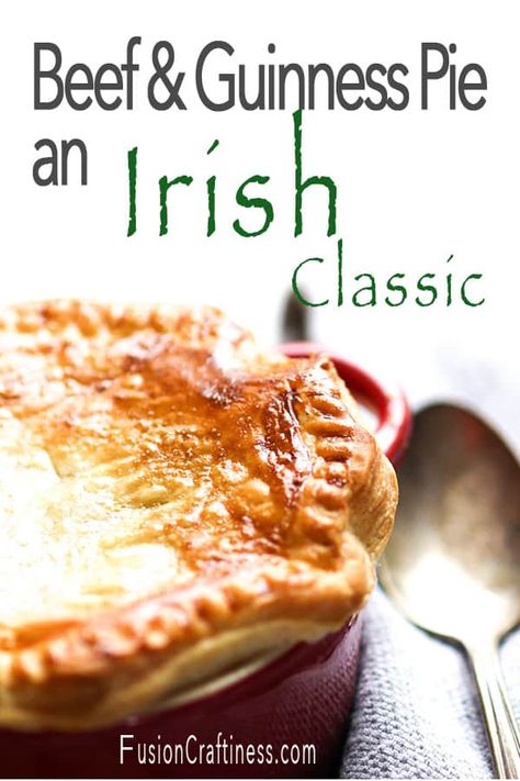 Irish Beef and Guinness Pie Recipe - Fusion Craftiness Irish Beef And Guinness Pie, Guinness Beef Pie, Irish Pie, Irish Dinner Recipes, Irish Recipes Appetizers, Beef And Guinness Pie, Guinness Pie, Irish Dinner, Pint Of Guinness