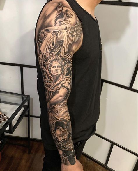 Ark Angel Tattoo, Julius Caesar Tattoo, Angel Tattoo Sleeve, Angel Sleeve Tattoo, Ark Angel, Italy Tattoo, Tattoo Wings, Scripture Tattoos, Roman Tattoo