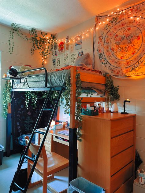 Top Bunk Bed Ideas Dorm Room, Dorm Decorations Lofted Bed, Dorm Room High Bed Ideas, Lofted Bed With Desk Underneath Dorm, Lofted Bed Small Room, Dorm Room Under Bed Hangout, Dorm Bed Lofting Ideas, Rug For Dorm Room, Urban Dorm Room