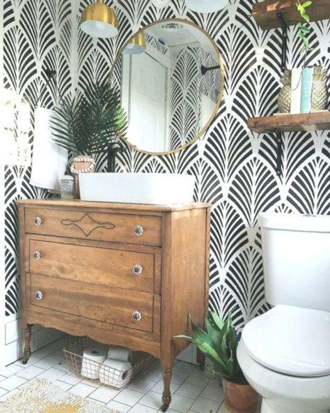 Wallpaper In Powder Room, Wallpaper Toilet, Lavatory Design, Bathroom Tile Inspiration, Powder Room Wallpaper, Modern Bathroom Tile, Bathroom Farmhouse Style, Tile Inspiration, Black And White Wallpaper