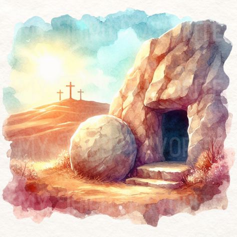 Good Friday Painting, Empty Tomb Painting, Christian Easter Art, Easter Tomb, Jesus Watercolor, Christian Watercolor, Easter Image, The Empty Tomb, Jesus Tomb