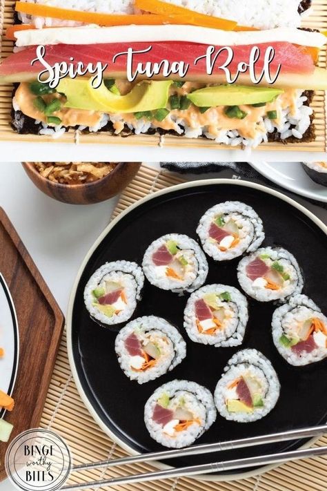 Learn how to make sushi! Get more homemade sushi rolls tutorials and Asian recipes to make for dinner at bingeworthybites.com! Homemade Spicy Tuna Roll, Ahi Tuna Sushi Rolls, Sushi Recipes Tuna, Sushi With Cream Cheese, Tuna Sushi Recipes, Tuna Roll Sushi, Ahi Tuna Sushi, Tuna Sushi Rolls Recipe, Baked Sushi