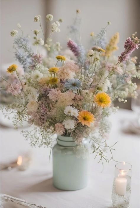 Pretty pastel wild flower wedding flowers centre piece 🌺 Sage Green And Wildflowers Wedding, Pastel Boho Wedding Decor, Soft Wildflower Wedding, Wild Flower Wedding Centerpiece, Vintage Pastel Aesthetic, Pastel Wildflower Wedding, Wedding Wildflowers, Wild Flower Wedding, Wild Flower Arrangements