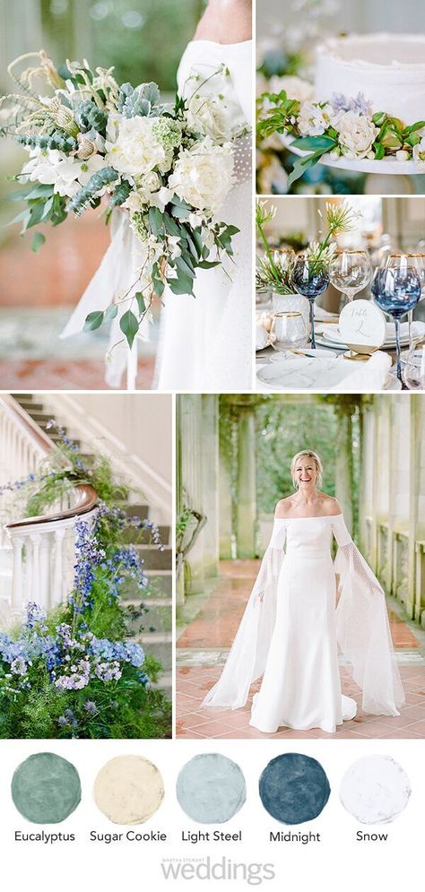 Inspired by Monet's Water Lilies painting and a garden party aesthetic, they decided on a palette of gray, green, and blue hues. #Wedding #WeddingColor #WeddingInspiration #ColorPalette #WeddingIdeas #Blue #Green #Cream #Beachy #Grey #Ocean | Martha Stewart Weddings Jewel Tone Wedding Colors, Choosing Wedding Colors, Orange Wedding Colors, Water Lilies Painting, Wedding Color Scheme, Green Wedding Colors, Weddings By Color, Wedding Colors Blue, Summer Wedding Colors