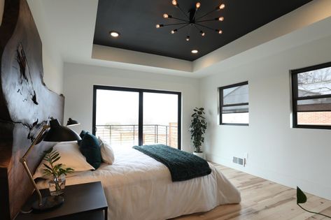 Black painted ceiling Grey Ceiling Bedroom, Black Tray Ceiling, Tray Ceiling Bedroom, Boise Boys, Dark Ceiling, Grey Ceiling, Black Accent Walls, Ceiling Design Bedroom, Design Salon