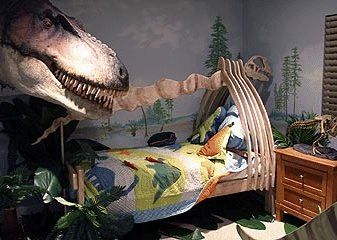 Dinosaur themed room.  I think this child would be sleeping in the belly of the beast! Dinosaur Themed Bedroom, Dinosaur Theme Bedroom, Boys Dinosaur Bedroom, Dinosaur Bedding, Dinosaur Room Decor, Dinosaur Bedroom, Dinosaur Room, Themed Bedroom, Dinosaur Decor