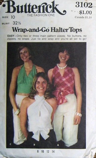 Halter Top Sewing Pattern, 70s Halter Top, Carrie The Musical, Tops Sewing Patterns, Wrap Halter Top, Vintage Halter Top, 70s Sewing Patterns, Halter Top Pattern, 1970s Sewing Patterns