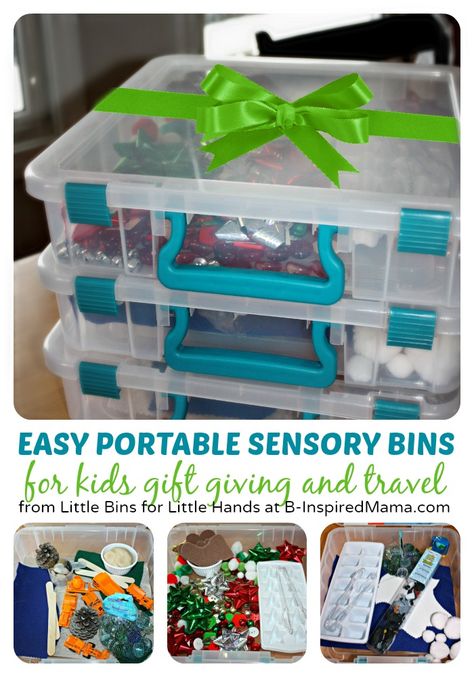 Easy & Portable Sensory Bin Gift Ideas at B-Inspired Mama Activity Bins, Easy Sensory Bin, Discovery Activities, Fun Ideas For Kids, Sensory Tubs, Sensory Tub, Sensory Therapy, Speech Path, Sensory Activity