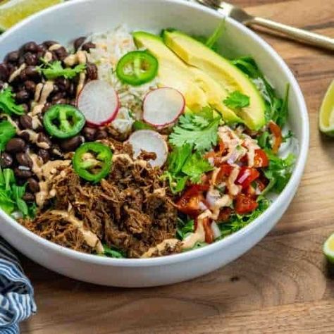 Beef Barbacoa Burrito Bowl with Chipotle Sauce - Jawns I Cooked Barbacoa Burrito Bowl, Beef Barbacoa, Barbacoa Recipe, Barbacoa Beef, Lime Rice, Cilantro Lime Rice, Chipotle Sauce, Cooking White Rice, Burrito Bowl