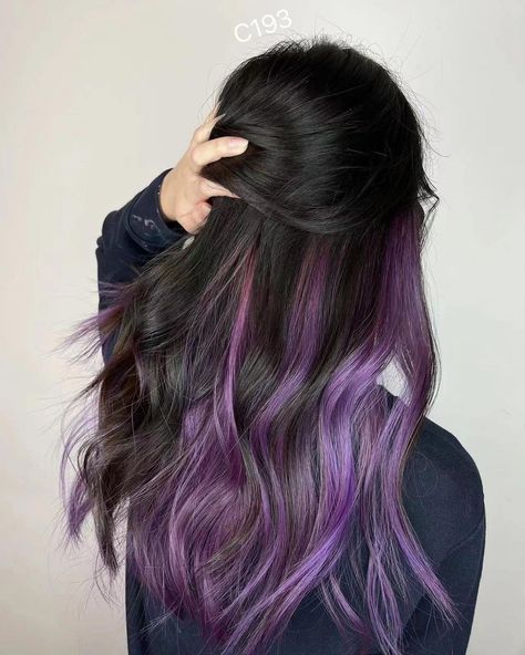 Purple Highlights Black Hair Korean, Half Dyed Hair Underneath Purple, Color Dyed Hair Ideas For Brunettes, Purple Strands In Brown Hair, Light Purple Hair Highlights, Dark Brown Hair With Purple Underneath, Light Brown Hair With Purple, Dark Purple Peekaboo Hair, Brown Hair With Purple Underneath