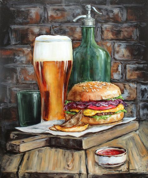 READY to HANG. TITLE: Beer and Burger MEDIUM: oil on canvas stretched SIZE: 17.7 x 13.7 inc. / 45 x 35 cm YEAR: 2023 Beautiful authors picture! impressionistic oil painting! Realistic art. Original painting, oil painting on canvas is rich in details and colors. Signed by the artist. The picture Burger Painting, Beer And Burger, Oil Painting Realistic, Food Gifts For Men, Burger Art, Beer Painting, Painting Realistic, Bar Signage, Grandfather Gifts