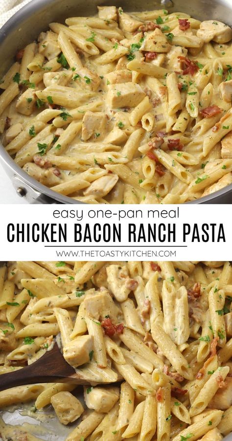 Chicken bacon ranch pasta by The Toasty Kitchen. Chicken Bacon Ranch Pasta is made in a single pan and ready in 30 minutes. Chicken, bacon, and penne pasta are coated in a creamy cheese sauce with tangy ranch seasoning. #chickenbaconranchpasta #chickenbaconranch #skilletmeal #onepanmeal #dinnerideas #30minutemeal Bacon Pasta Recipes, Chicken Penne Pasta, Bacon Ranch Pasta, Chicken Bacon Pasta, Creamy Cheese Sauce, Chicken Ranch Pasta, Chicken Bacon Ranch Pasta, Ranch Pasta, Pasta Dinners