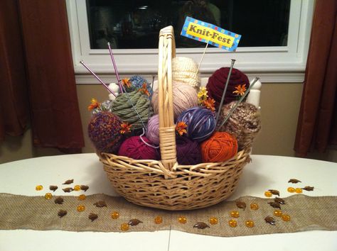 Knitting party center piece Knitting Office Ideas, Knitting Party Decorations, Yarn Centerpiece, Knitted Wedding Decorations, Crochet Centerpiece, Yarn Display, Ladies Luncheon, Yarn Gifts, Mom Party