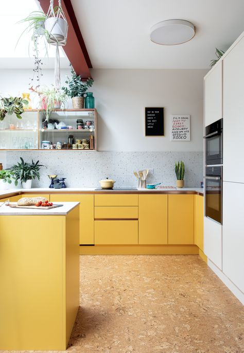 Yellow kitchen: 'Bright yellow has given my home a happy sunny twist' - Your Home Style Yellow Kitchen Tiles, Cork Kitchen, Mid Mod Kitchen, Terrazzo Kitchen, Yellow Kitchen Designs, Yellow Kitchen Cabinets, Floating Kitchen, Wren Kitchens, Retro Style Kitchen