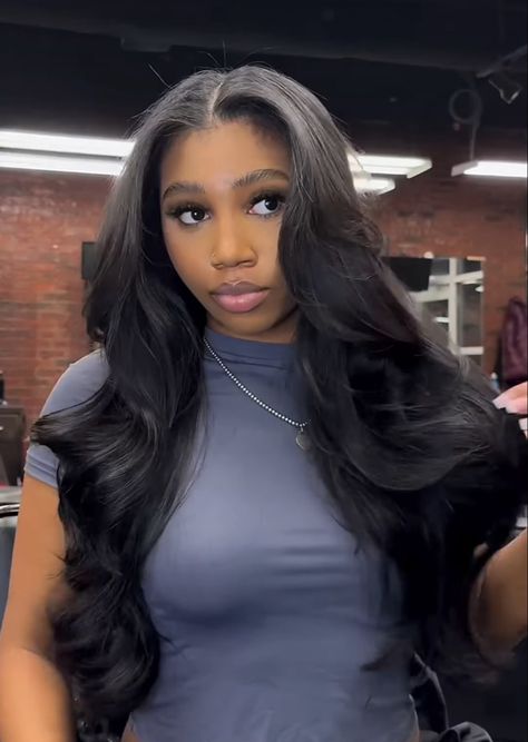 Long Layers Weave Black Women, Layered Middle Part Sew In Weave Straight, Middle Part Loose Waves Sew In, Straight Hair Styles For Black Women, Thick Sew In, Sew In Weave With Closure Styles, Black Women Winter Hairstyles, Jet Black Sew In Weave Middle Part, Long Black Hair Black Women